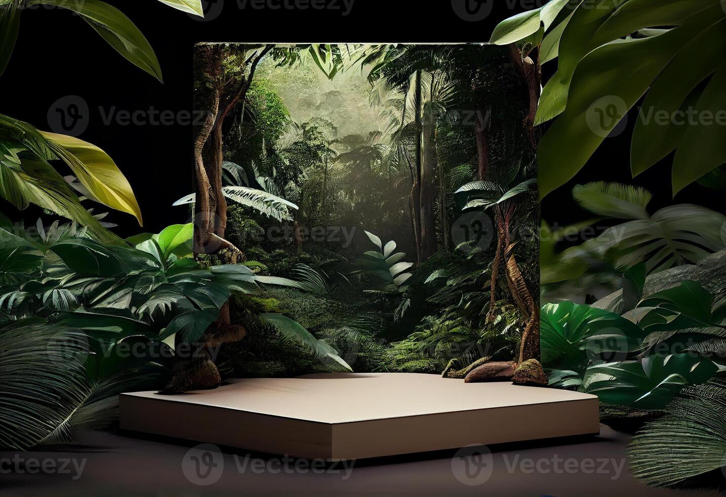 foto tropical pódio ou plataforma para produtos apresentação exibição dentro selva panorama. gerar ai