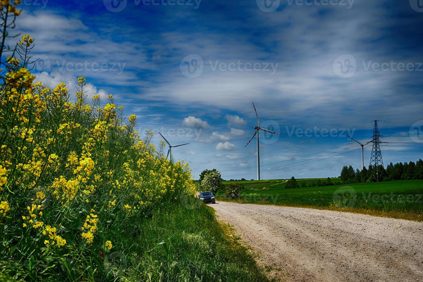 pitoresco Primavera panorama com azul céu e verde Campos foto