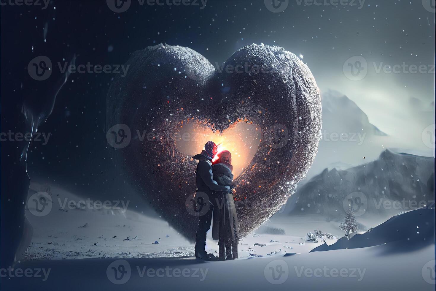 generativo ai ilustração do uma nevasca do amar. casal se beijando dentro neve. grande coração. amor e namorados dia conceito. neural rede gerado arte. digitalmente gerado imagem. foto