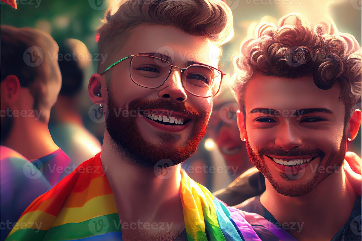 generativo ai ilustração do diversidade jovem gay mulheres e homens com acenando orgulho arco Iris bandeira. apoiantes do a lgbt comunidade. neural rede gerado arte. digitalmente gerado imagem. foto