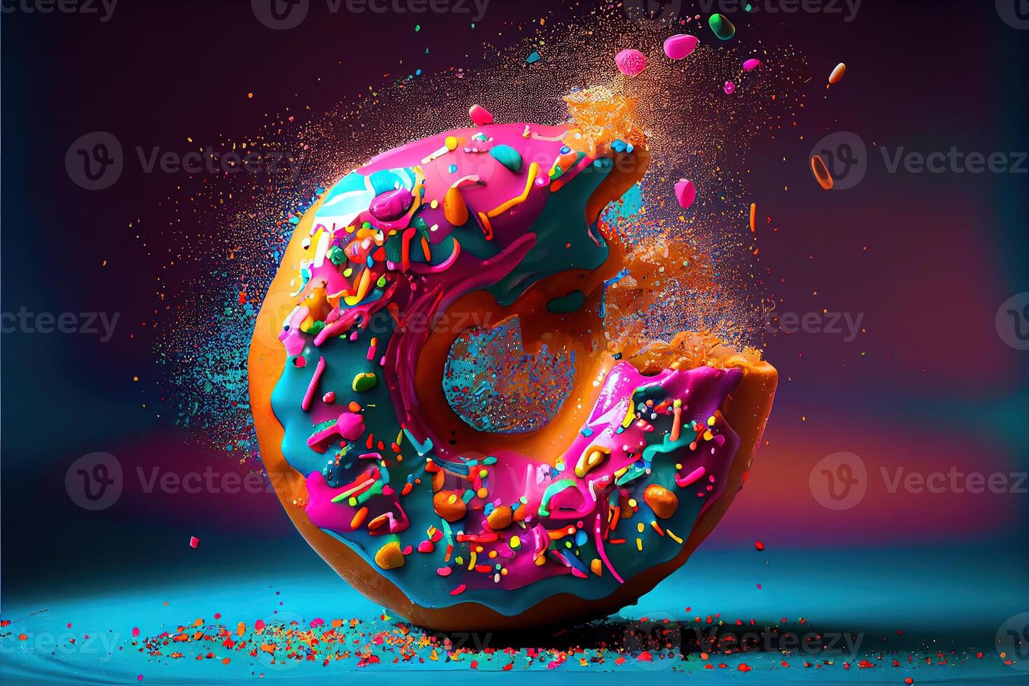 generativo ai ilustração do trippy rosquinha colagem detalhado vibrante cores, respingos, gigante brilhante rosquinha , flutuando dentro livre espaço, pastel costas derrubar. digitalmente gerado imagem foto