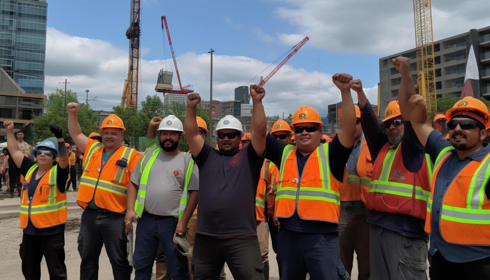 construção trabalhadores levantar seus mãos dentro a ar trabalho dia, ai generativo foto