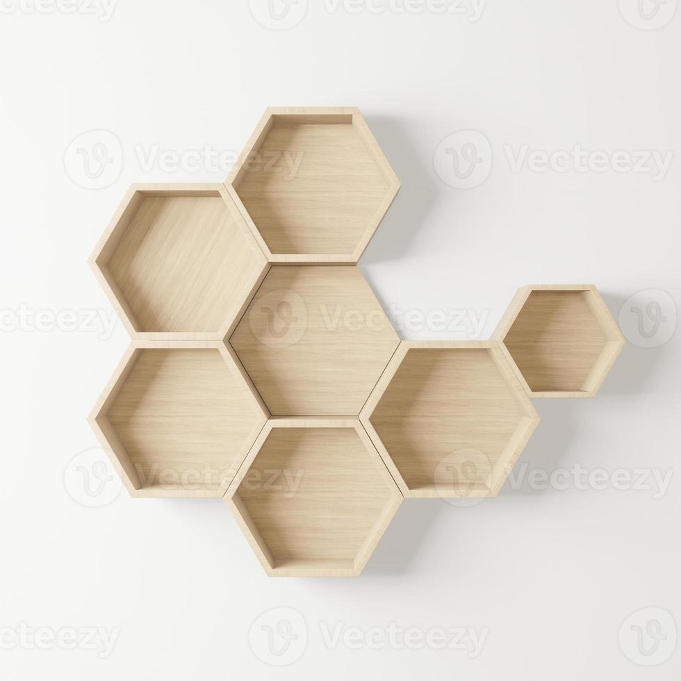 prateleira de hexágono de madeira com espaço de cópia para maquete em fundo isolado foto