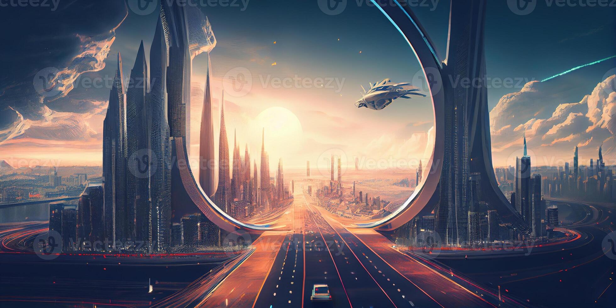 generativo ai ilustração do fantasia futurista cidade com rodovias e arranha-céus, cyber cidade foto