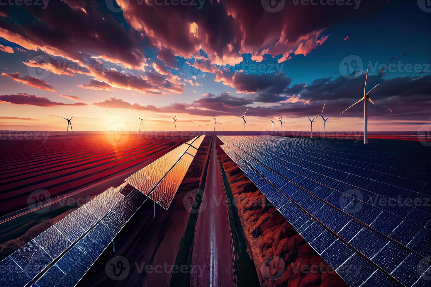 generativo ai ilustração do a aéreo Visão do solar fotovoltaico painéis e vento turbinas gerando renovável energia dentro uma lindo panorama às nascer do sol foto