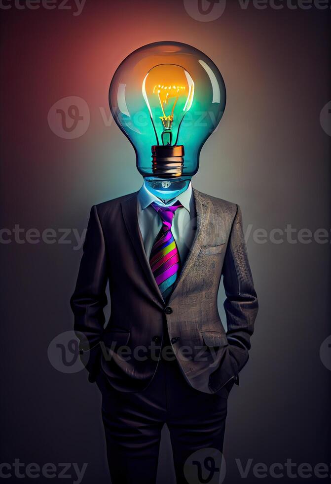generativo ai ilustração do Inovativa negócios, uma gigante luz lâmpada, vestido dentro uma à moda terno, com colorida iluminação em torno da isto foto