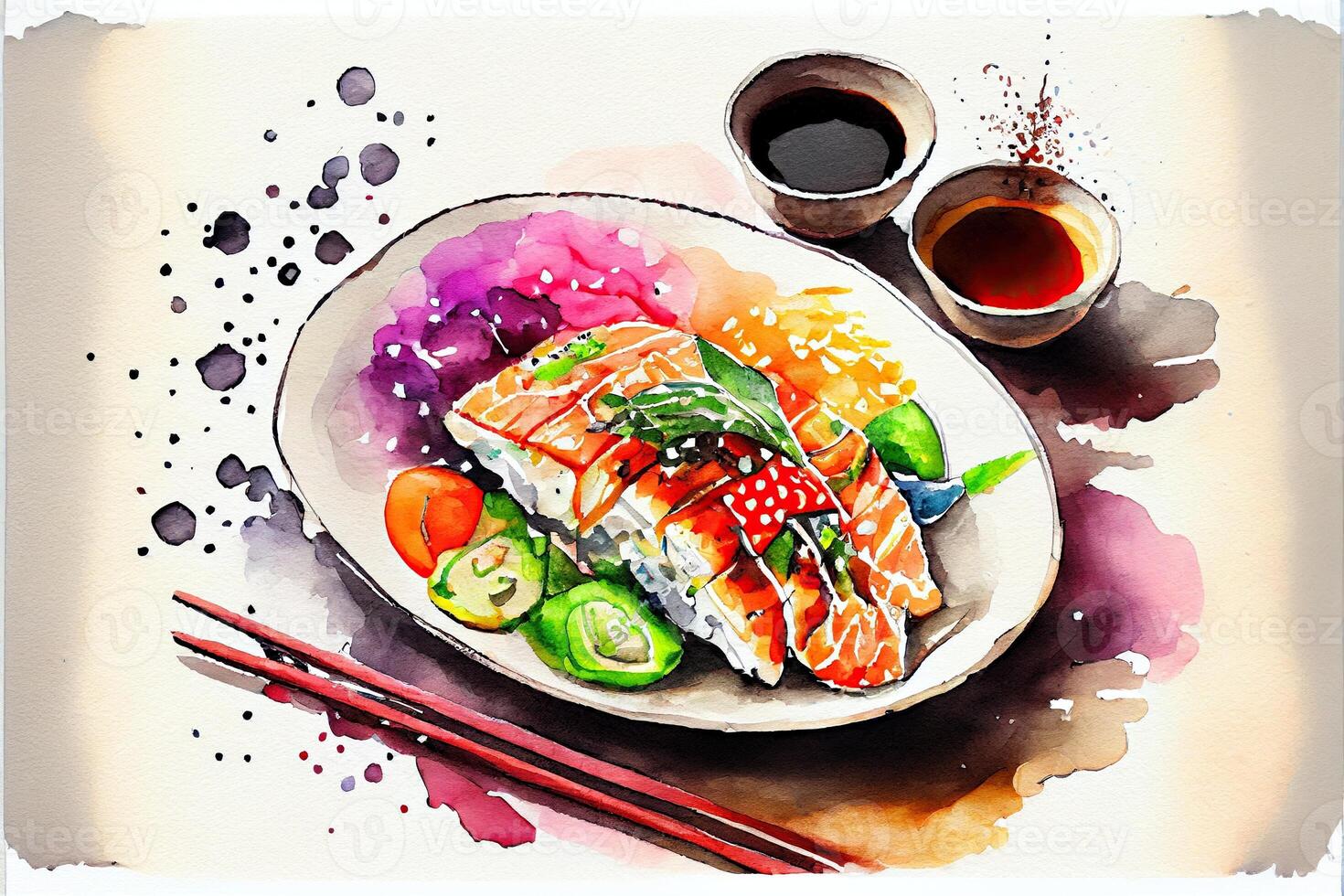 generativo ai ilustração do knolling japonês cozinha comida, aguarela pintura estilo, conjunto do ásia Comida foto