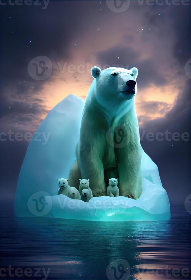 generativo ai ilustração do família branco Urso em iceberg, aurora céu foto