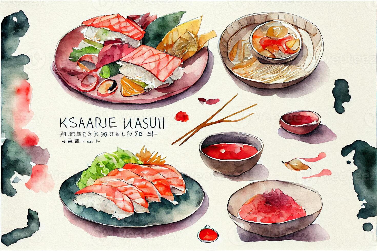 generativo ai ilustração do knolling japonês cozinha comida, aguarela pintura estilo, conjunto do ásia Comida foto