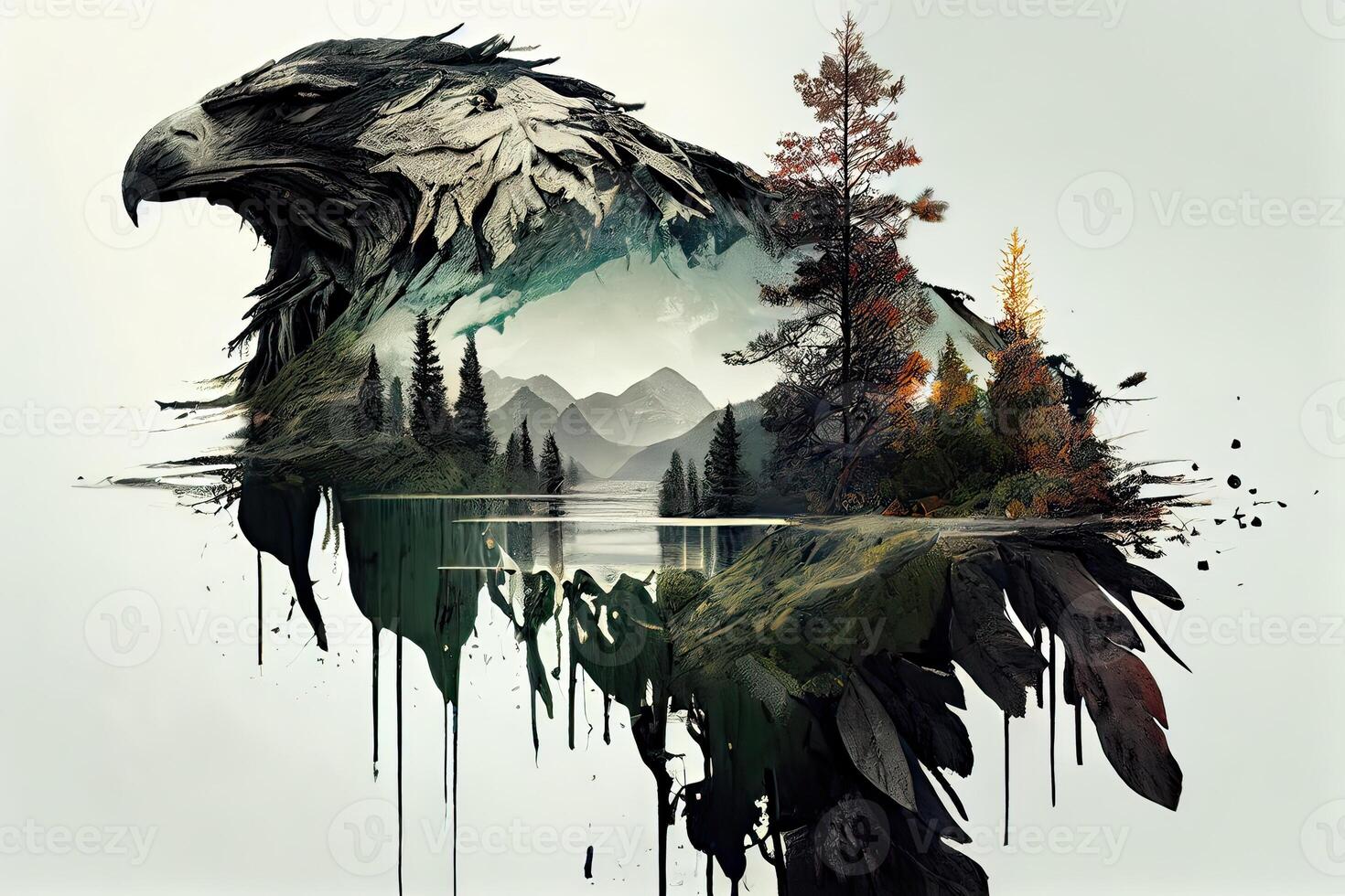generativo ai ilustração do a beleza do natureza com uma deslumbrante Duplo exposição panorama apresentando uma rio, árvores, e penas foto