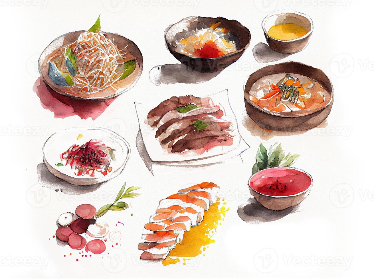 generativo ai ilustração do knolling japonês cozinha comida, aguarela pintura estilo, conjunto do ásia Comida foto