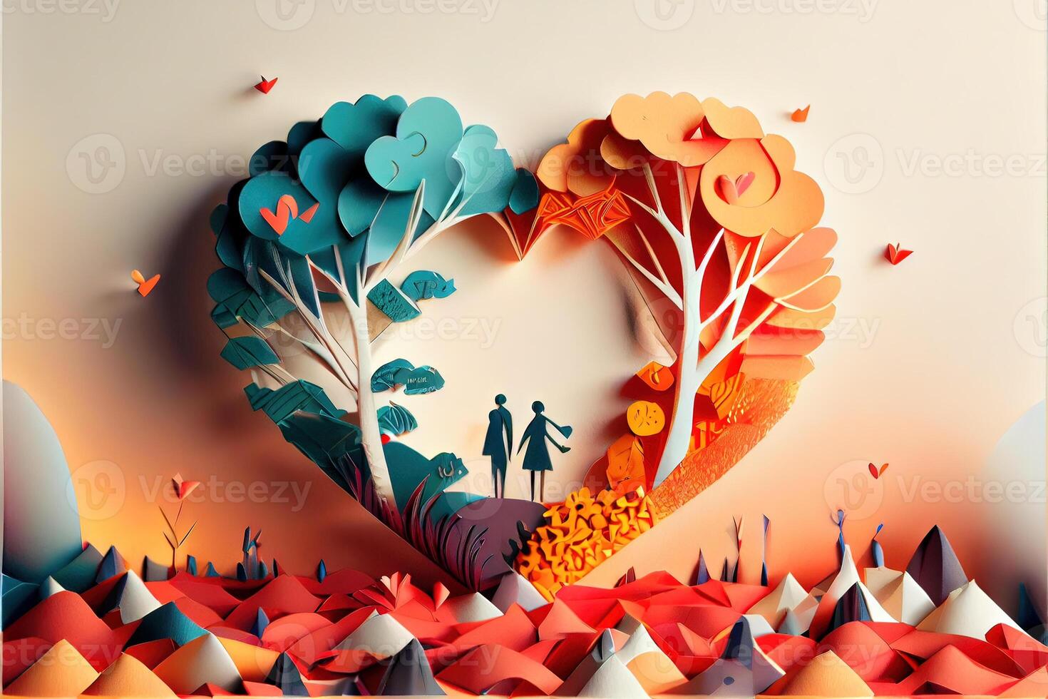 generativo ai ilustração do origami namorados dia fundo, feliz casal, colorido. papel cortar arte, 3d papel estilo. neural rede gerado arte. digitalmente gerado imagem foto