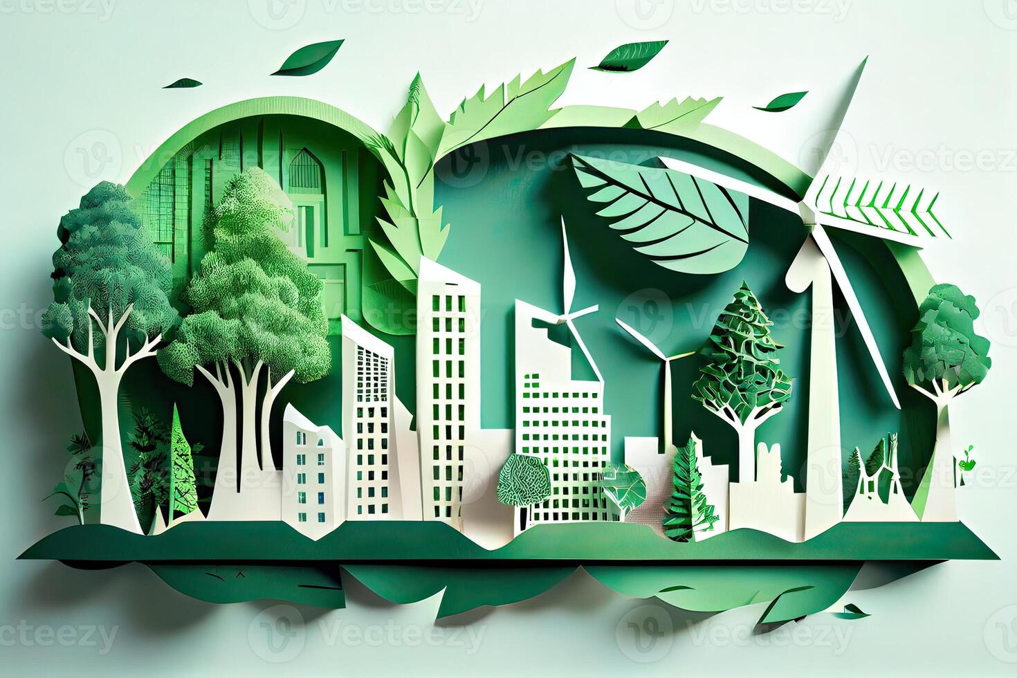 generativo ai ilustração do verde folha imagem dentro a papel arte estilo com árvores, cidade construção silhuetas, moinhos de vento, e solar painéis. a preservação do ecologia. uma verde energia idéia foto