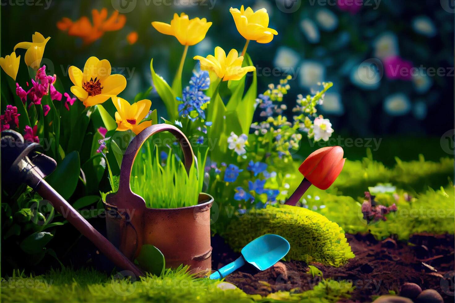 generativo ai ilustração do Primavera jardim Cuidado. flores dentro a jardim. jardim ferramentas. ao ar livre jardinagem Ferramentas em Relva dentro Primavera jardim foto