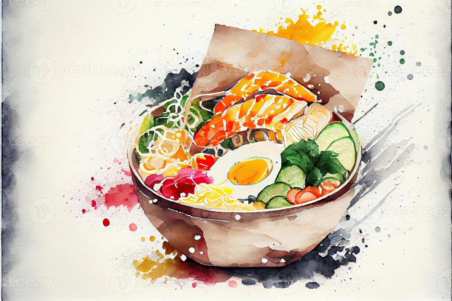 generativo ai ilustração do knolling japonês cozinha comida, aguarela pintura estilo, conjunto do ásia Comida foto