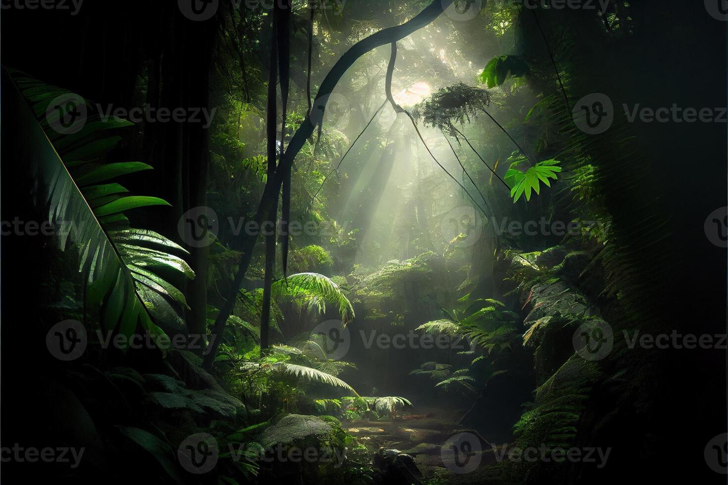 generativo ai ilustração do Sombrio floresta tropical, Sol raios através a árvores, rico selva vegetação. atmosférico fantasia floresta foto