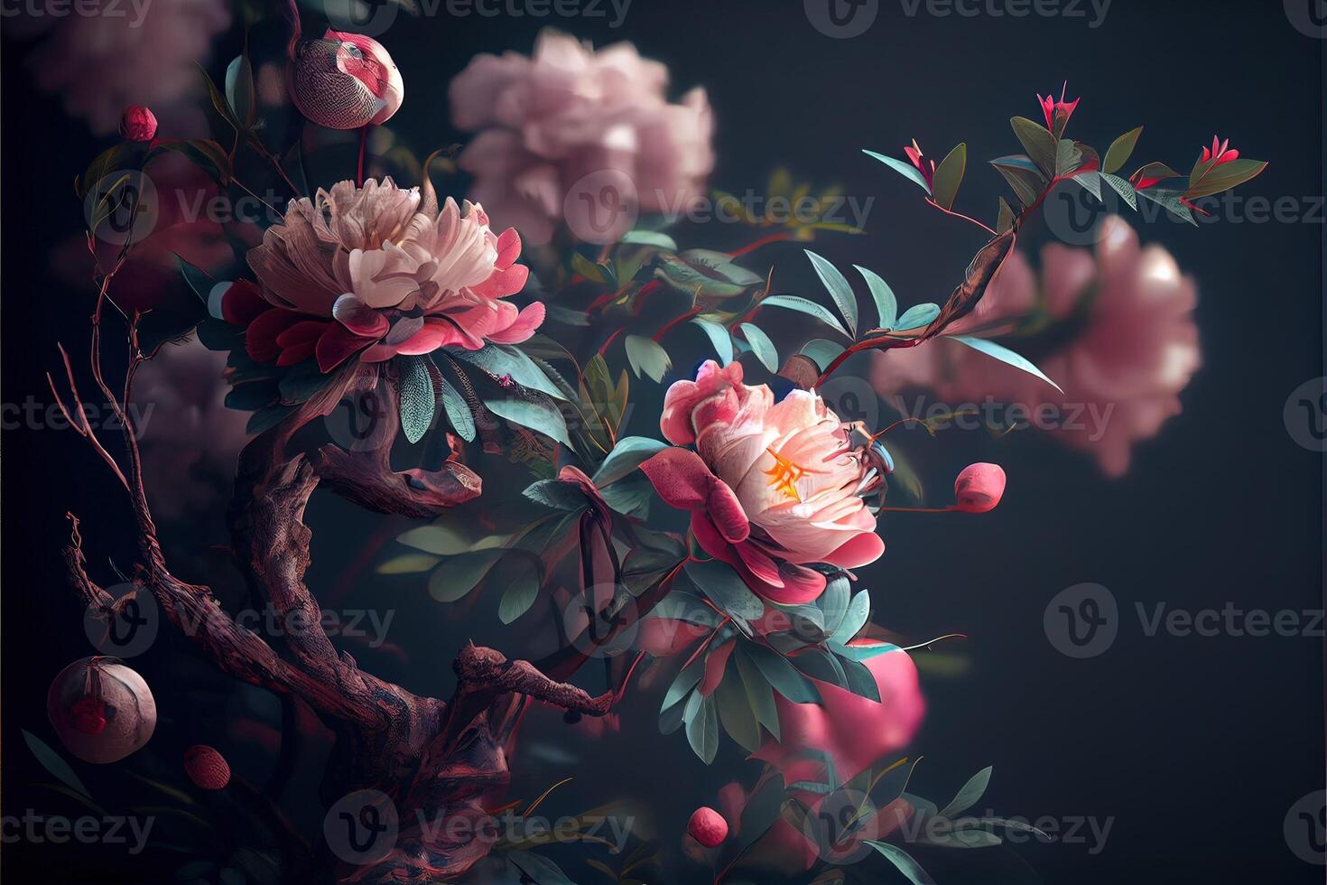 generativo ai ilustração do flores conceito arte. chinês digital arte, estilo e fundo. retro textura. fechar foco. foto