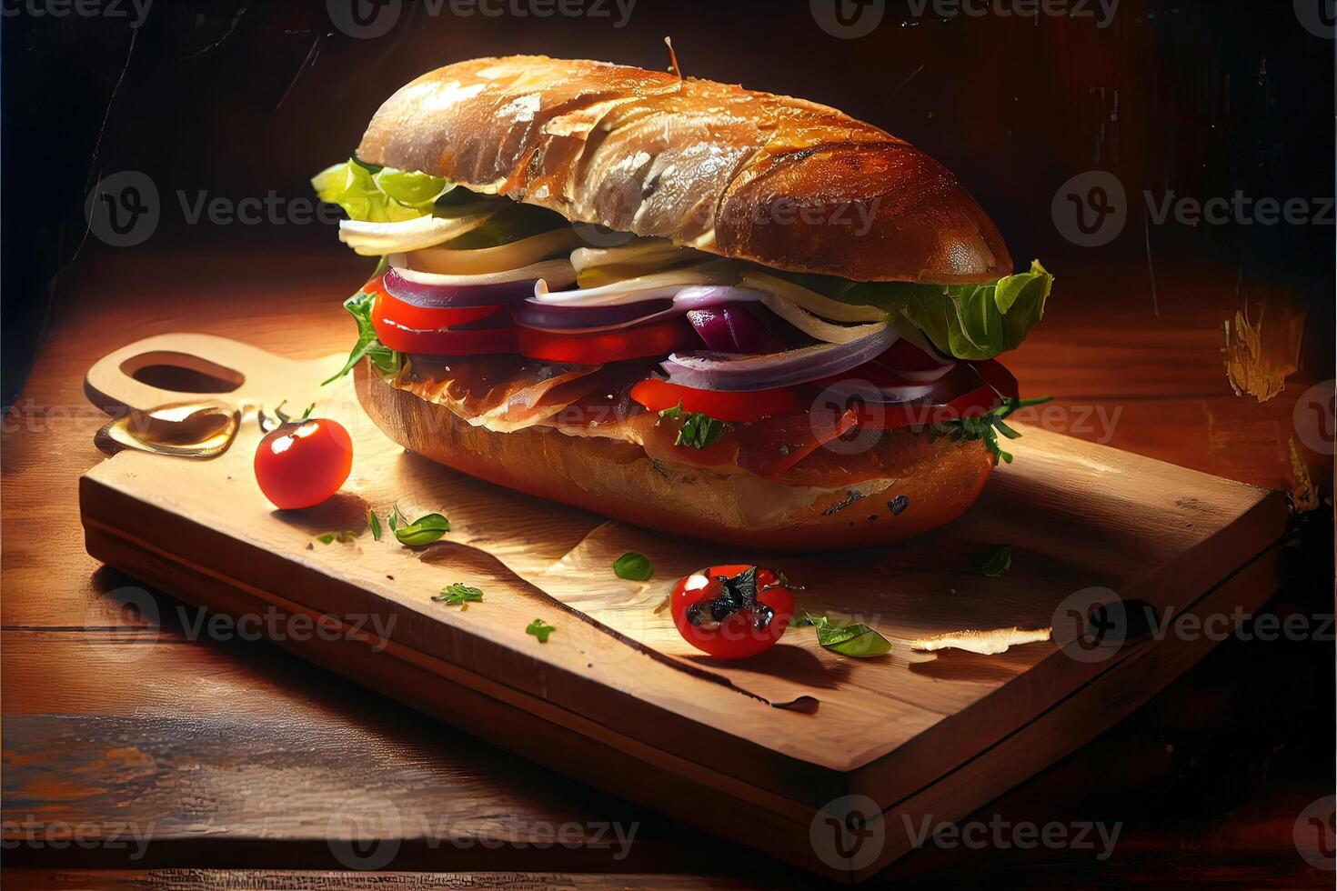 generativo ai ilustração do luxo italiano Sol sanduíche, sentado em uma madeira borda dentro uma pequeno italiano Delicatessen foto