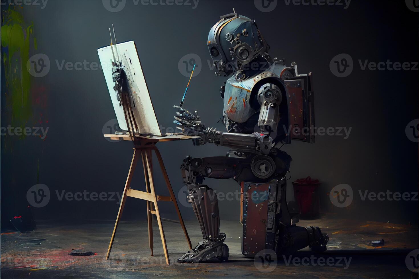 generativo ai ilustração do cyborg ai robô artista dentro Sombrio estúdio Próximo para dele cavalete, pintura e tintas enquanto trabalhando, neural rede gerado arte. digitalmente pintura, gerado imagem. foto