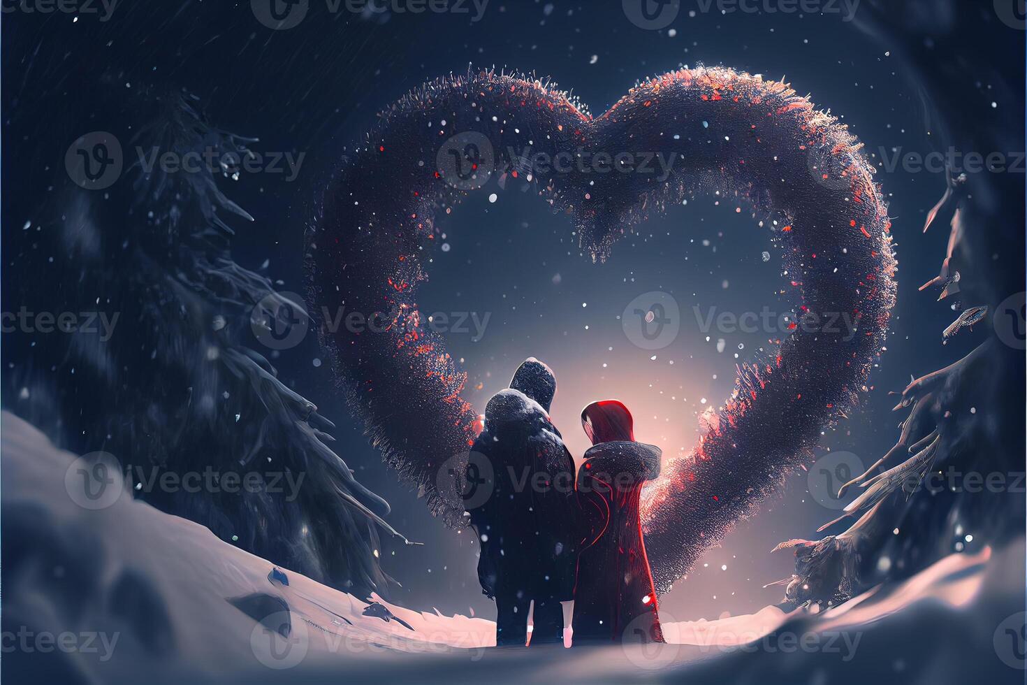 generativo ai ilustração do uma nevasca do amar. casal se beijando dentro neve. grande coração. amor e namorados dia conceito. neural rede gerado arte. digitalmente gerado imagem. foto