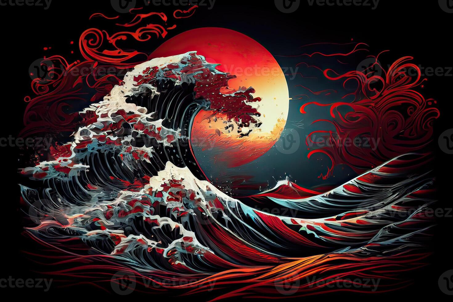 generativo ai ilustração do uma mar Sombrio noite panorama. vermelho luar refletido dentro a ondas do a oceano. mar tormentoso onda com espuma, japonês arte estilo foto