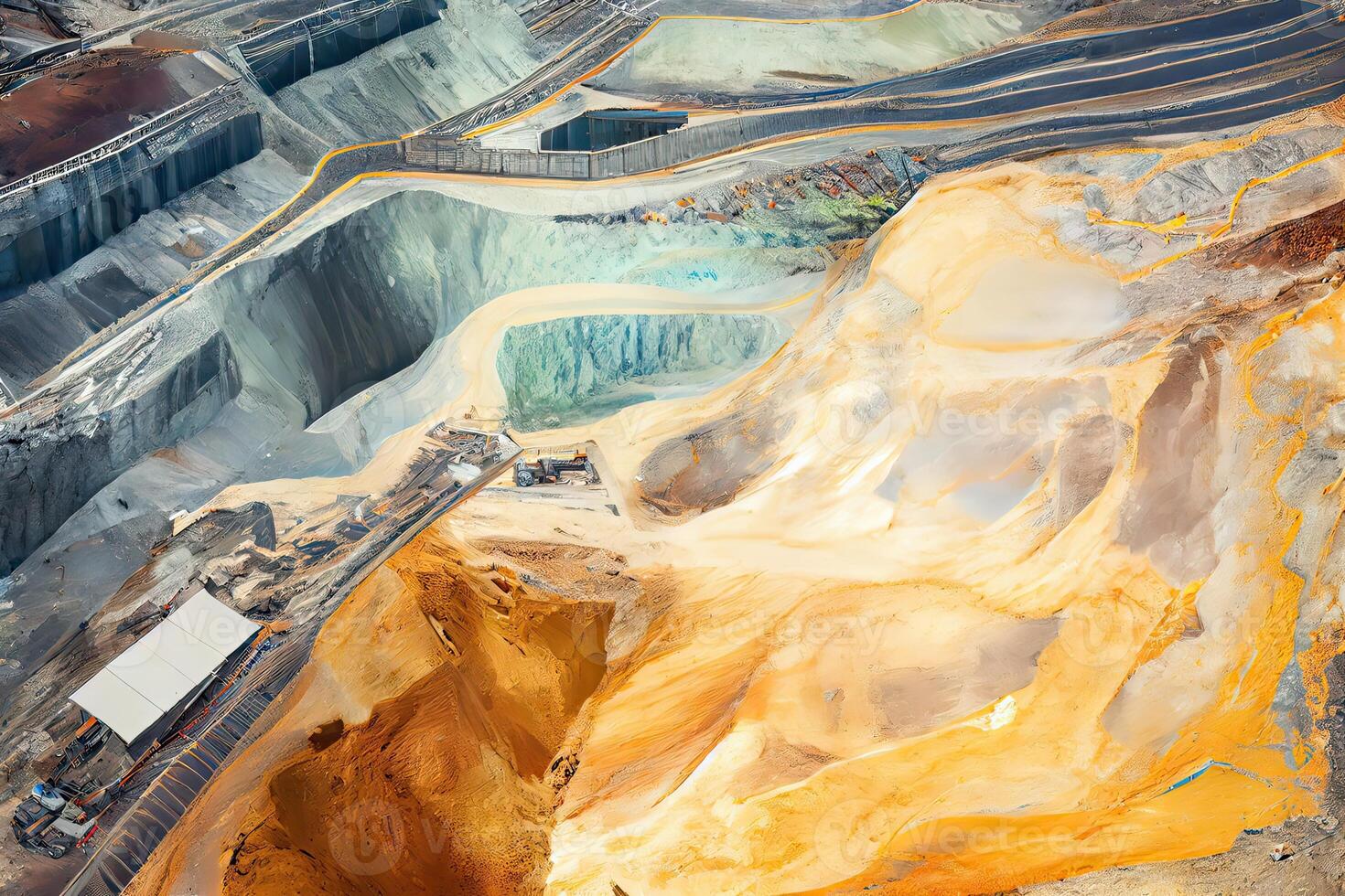 generativo ai ilustração do a aéreo panorama do a antracite carvão meu, exibindo uma grande amarelo mineração caminhão colecionar pedras dentro a aberto Cova meu foto