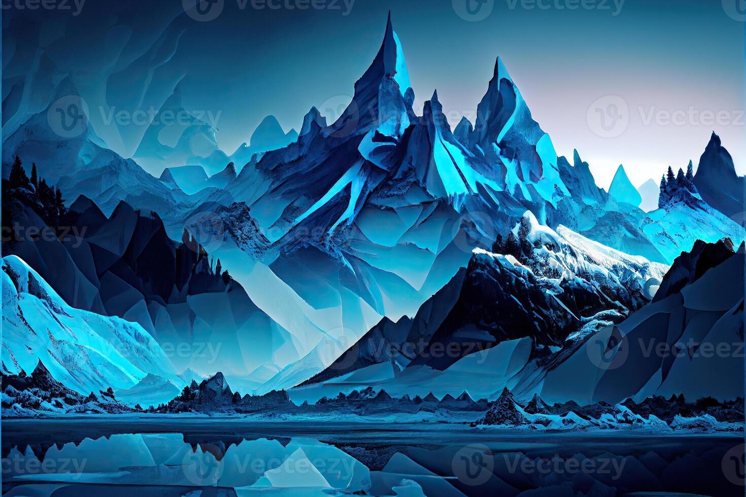 generativo ai ilustração do abstrato inverno gelo montanha panorama com diferente tons do azul foto