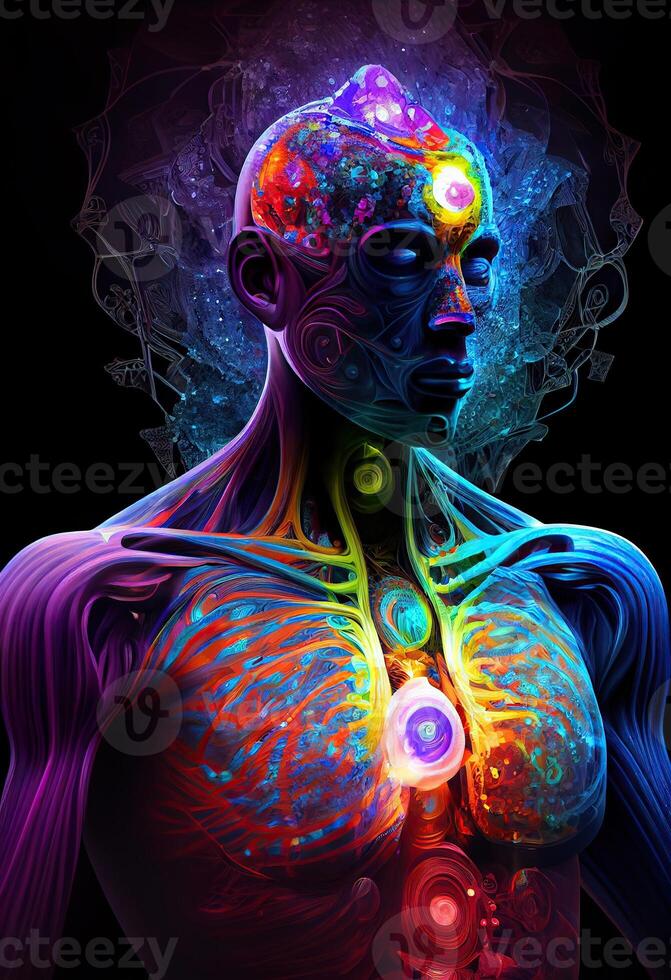 generativo ai ilustração do mais alto, ioga relaxar calafrio Fora dmt visões espírito. 7 colori chakras meditação dmt alucinações. multiverso conectado através uma nervoso sistema - trippy psicodélico foto