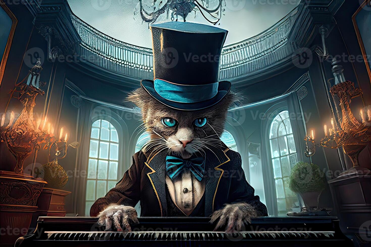 generativo ai ilustração do uma surreal digital arte do uma gato vestindo uma topo chapéu jogando a grande piano foto