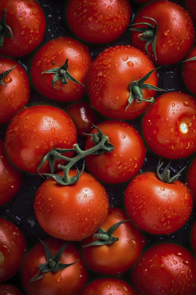 grande quantidade do maduro vermelho tomates, visível gotas do água, gerar ai foto