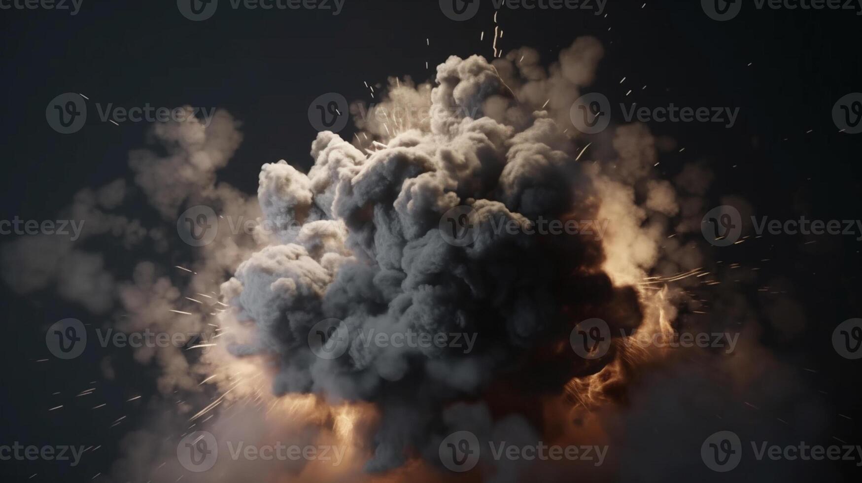 grande explosão com fumaça e fogo em Preto fundo ai gerado obra de arte foto