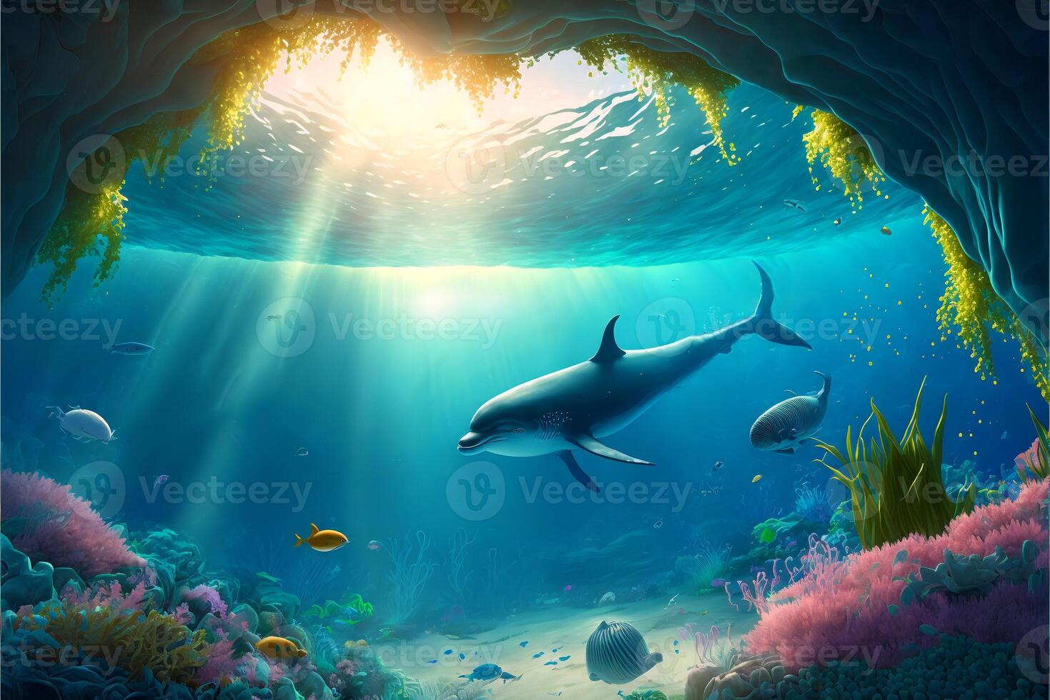 natação golfinho às a inferior do a mar com raios de sol. oceano colorida fundo com luz flare golfinhos e peixes.ai gerado. foto
