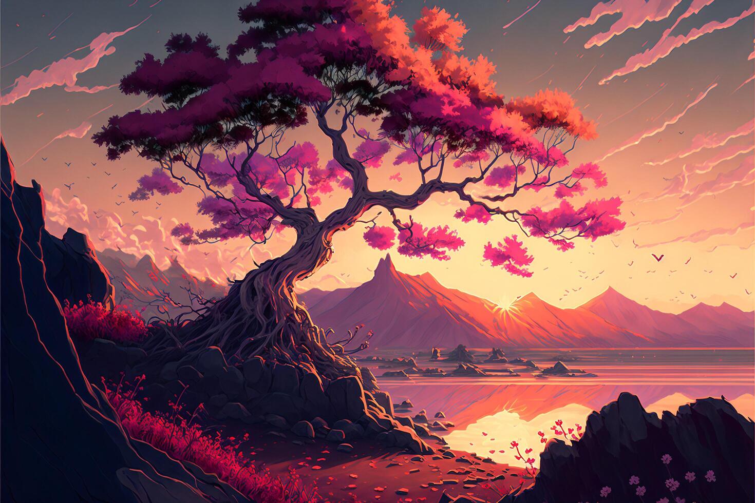 brilhante ilustração dentro mão desenhado estilo sakura contra a pano de fundo do montanhas do a céu e sunset.ai gerado. foto