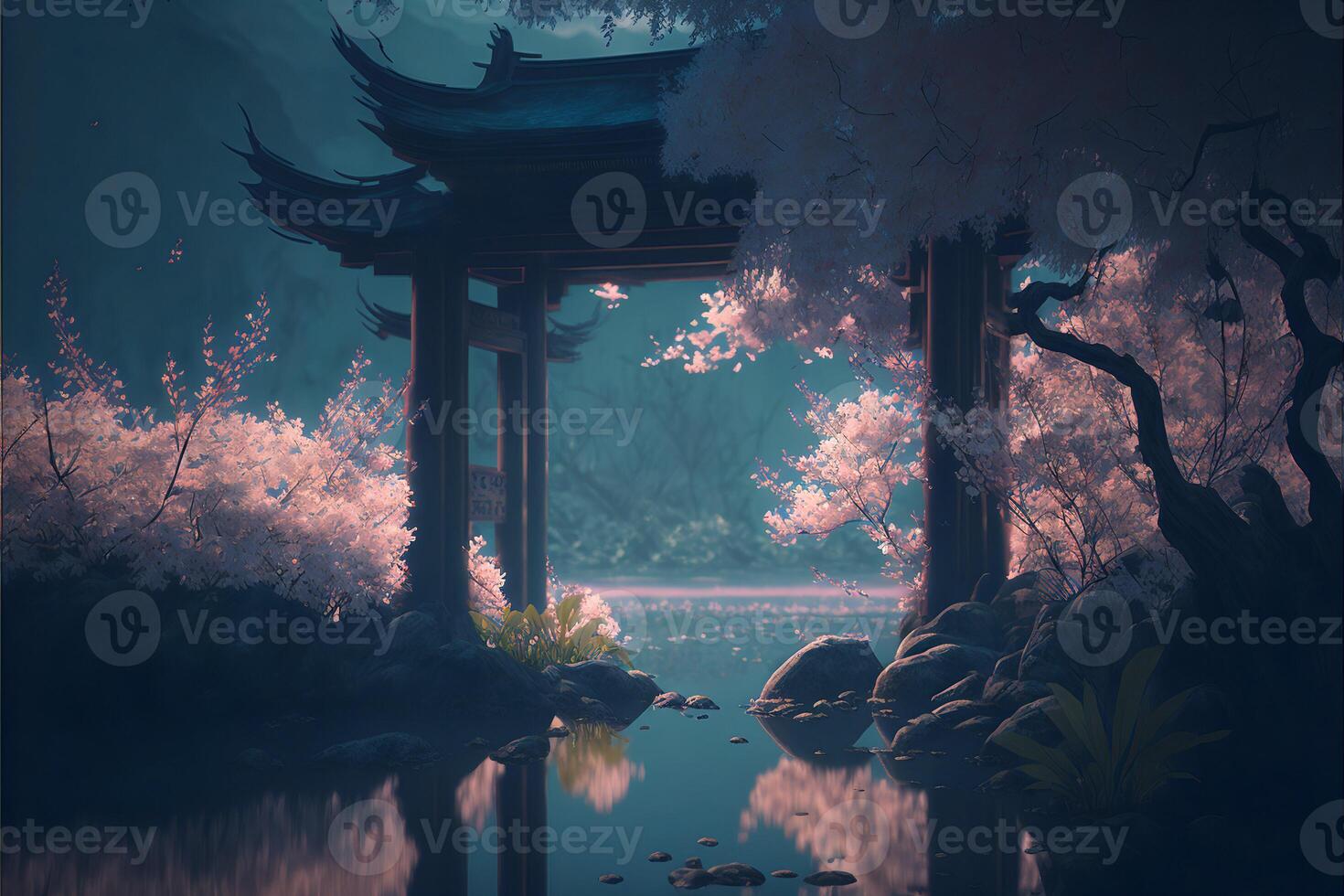uma lago com cereja flores, pedras e uma estilo japonês arco dentro a fundo. gerado de ai. foto
