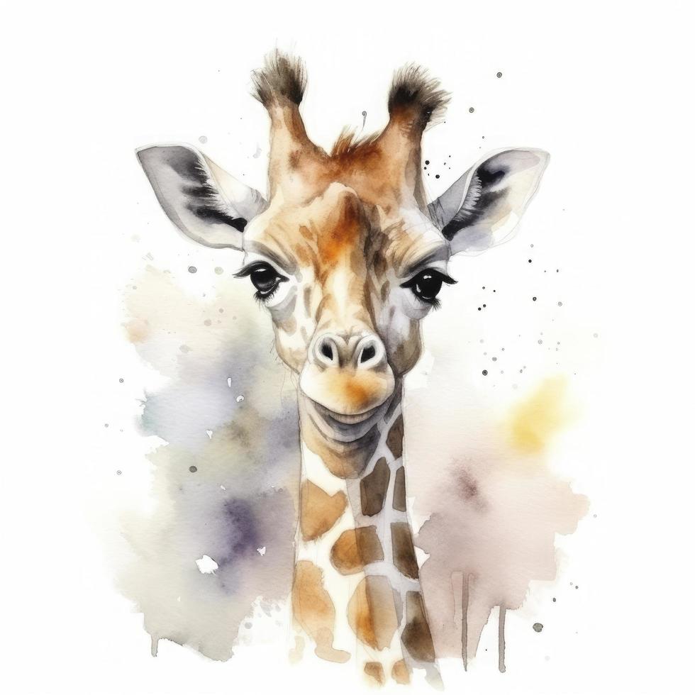 fofa pequeno bebê girafa, água cor, pastel cor em branco fundo , gerar ai foto