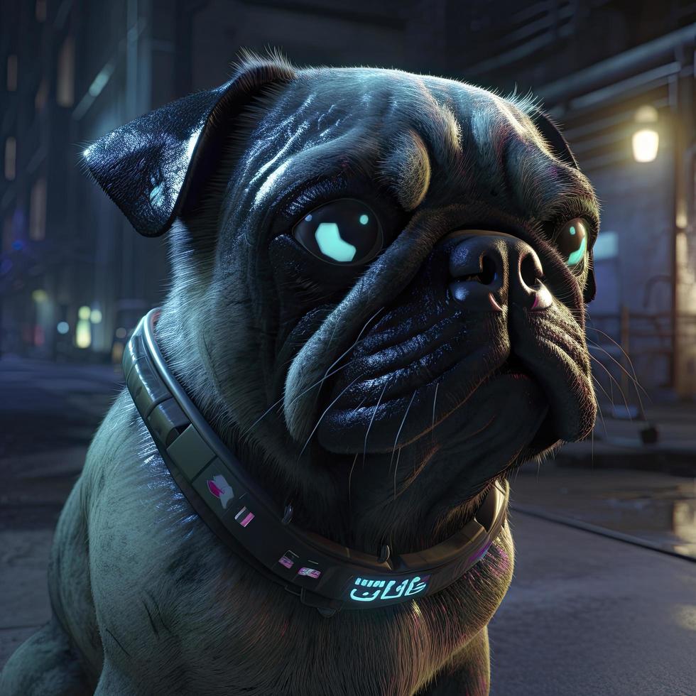 realista realista pug cachorrinho cachorrinho filhote dentro Alto fim cyberpunk cyber Alto tecnologia futurista armaduras roupa, gerar ai foto