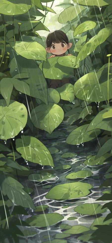 dentro a madeiras em uma chuvoso dia, a pequeno duende Garoto se escondendo debaixo a enorme folhas, super grande olhos, duende ouvidos, molhado de chuva cabelo, roupas preso para a chuva, duende sapato, gerar ai foto