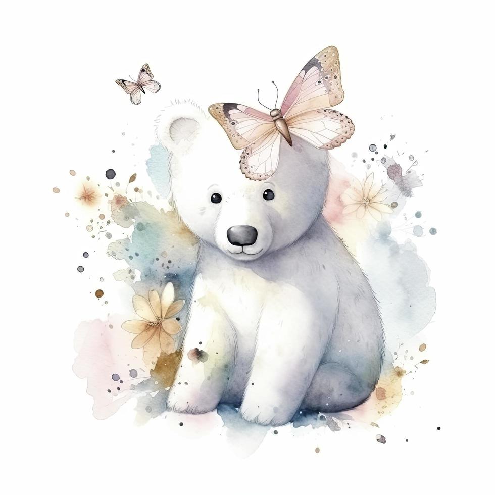 fofa pequeno branco Urso com borboletas, aquarela, luz e pastel cores em branco fundo, gerar ai foto