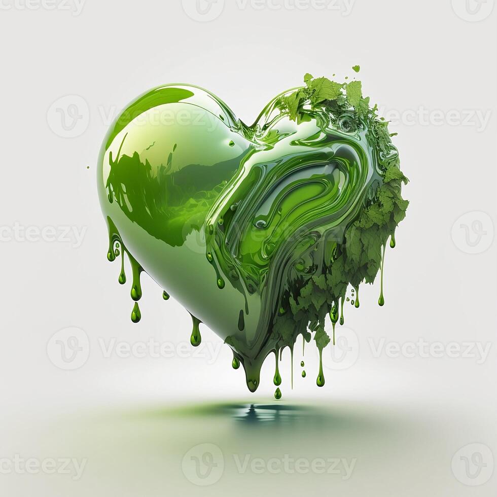 grande brilhante coração com verde pintura fluindo em limpar \ limpo branco fundo. terra dia conceito. generativo ai foto