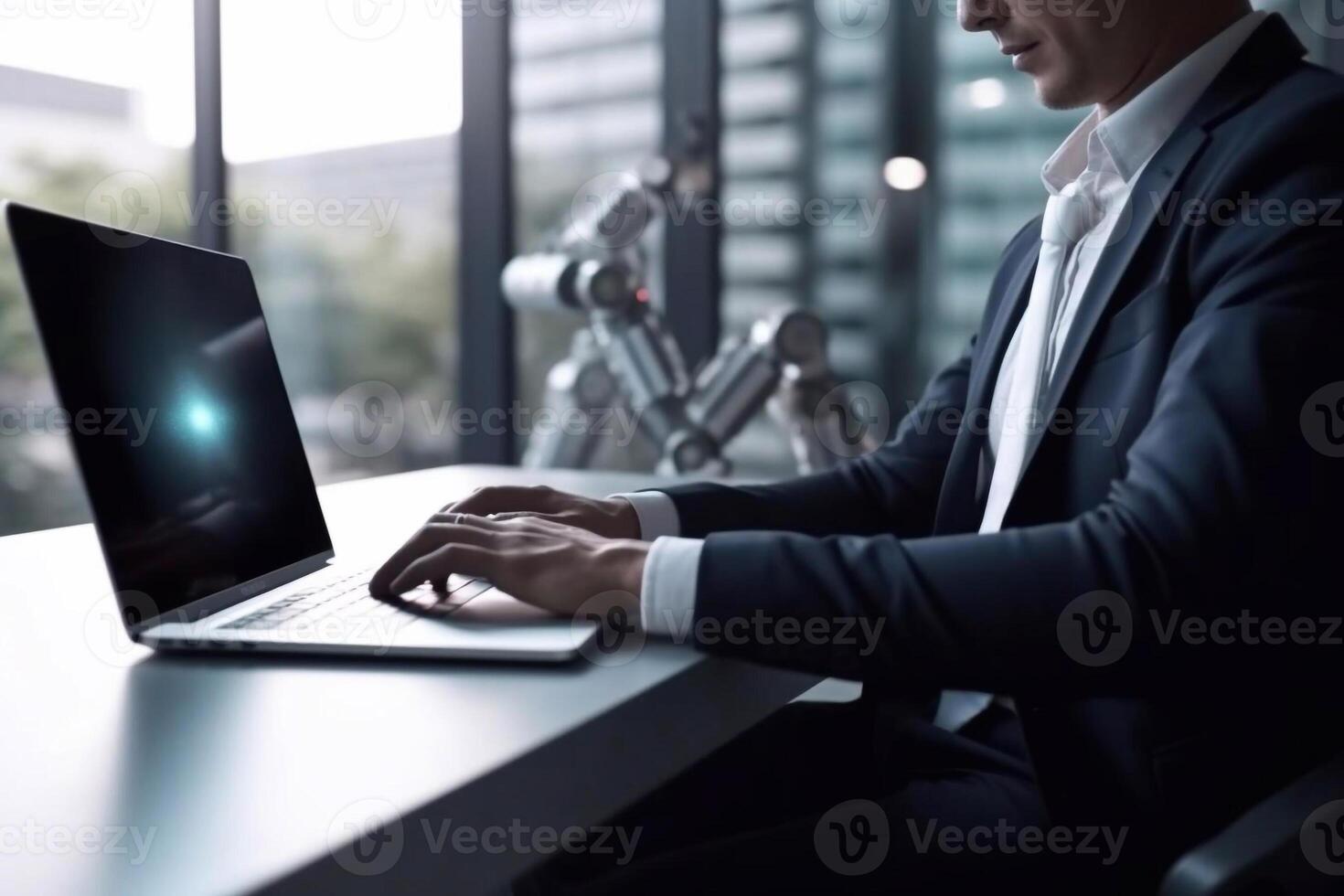 homem de negocios usando computador portátil computador. ai gerado foto