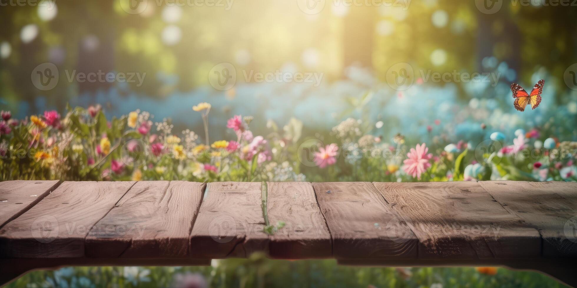 esvaziar de madeira mesa com Primavera flor e borboleta fundo, livre espaço para produtos mostrar. generativo ai foto