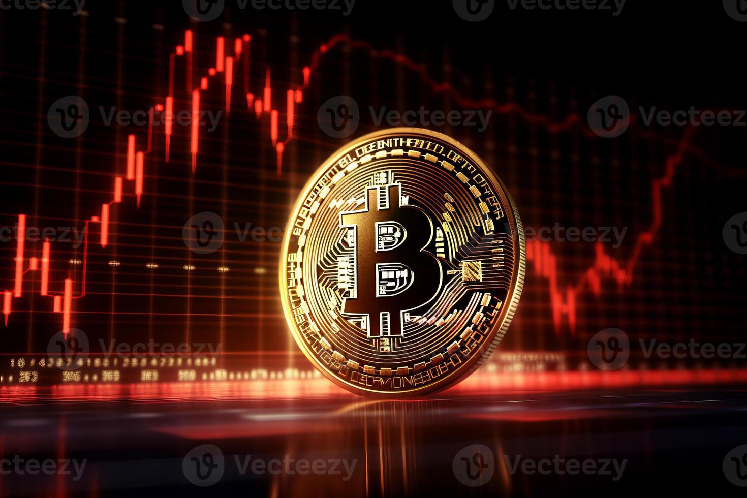 bitcoin com vermelho gráfico em computador tela fundo, criptografia moeda negociação. generativo ai foto