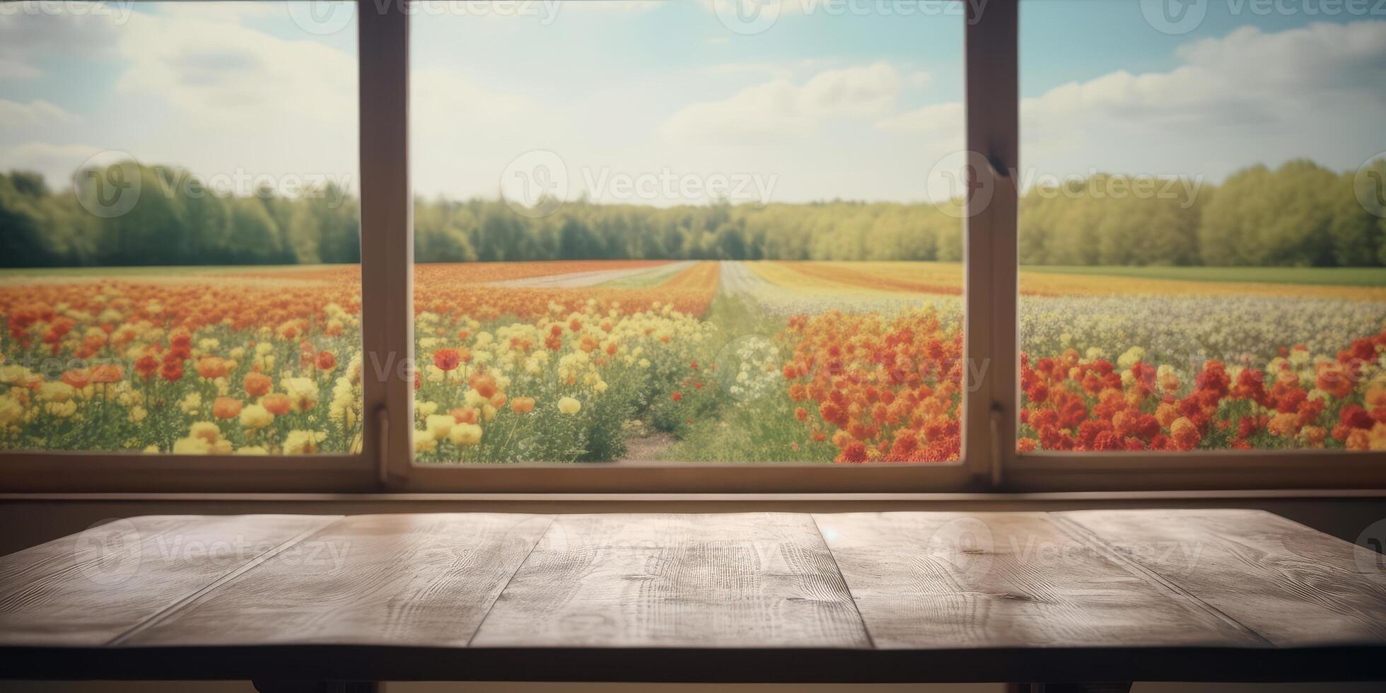 esvaziar de madeira mesa com natureza Visão Fora do janela fundo, livre espaço para produtos mostrar. generativo ai foto