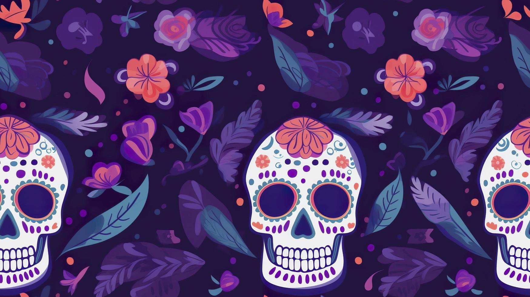 muertos padronizar com crânio México dia morto feriado floral crânio face floral desatado fundo dia das Bruxas desatado padronizar roxa fundo, gerar ai foto