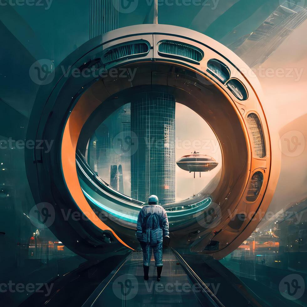 futuro urbano panorama com solitário figura e conceito círculo arco. generativo ai foto