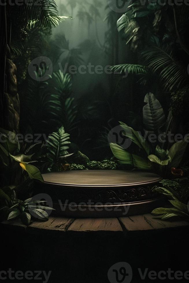 uma deslumbrante temático da selva esvaziar espaço com natureza fundo, perfeito para profissional produtos exibição foto