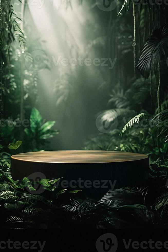 uma deslumbrante temático da selva esvaziar espaço com natureza fundo, perfeito para profissional produtos exibição foto