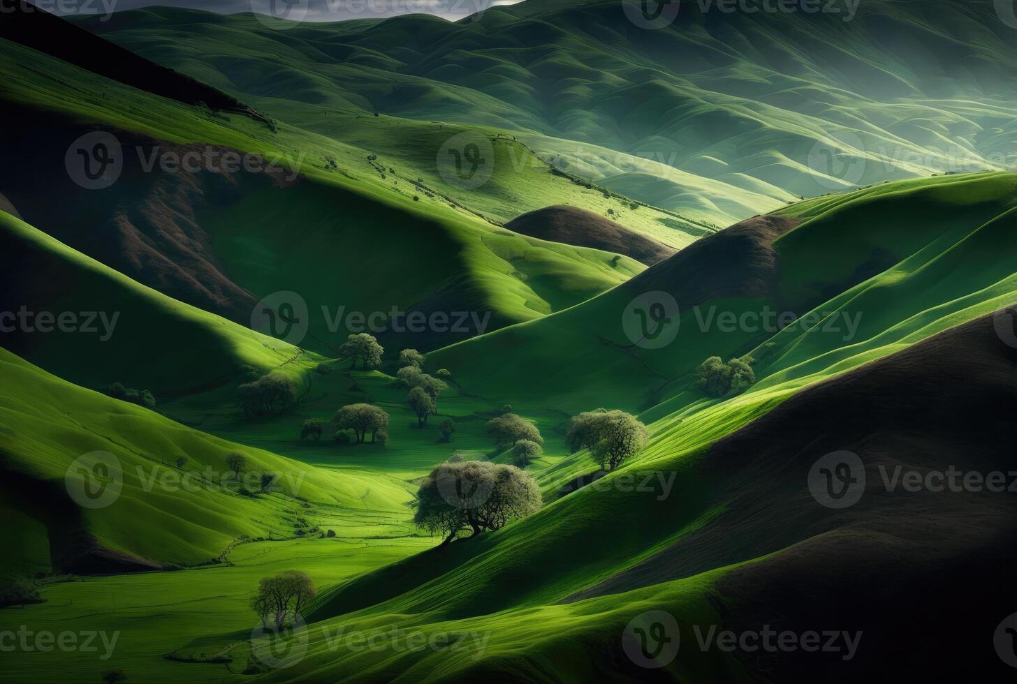 verde colinas e vale verão panorama. generativo ai foto