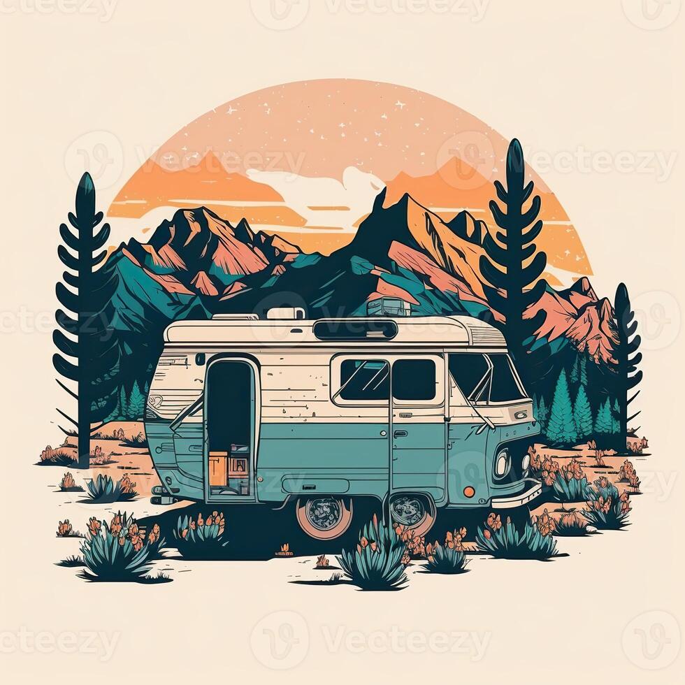 ai gerado. generativo ai. vintage retro campista rv casa caminhão. aventura viagem viagem motivacional poster. pode estar usava para decoração e inspiração. gráfico arte ilustração. foto