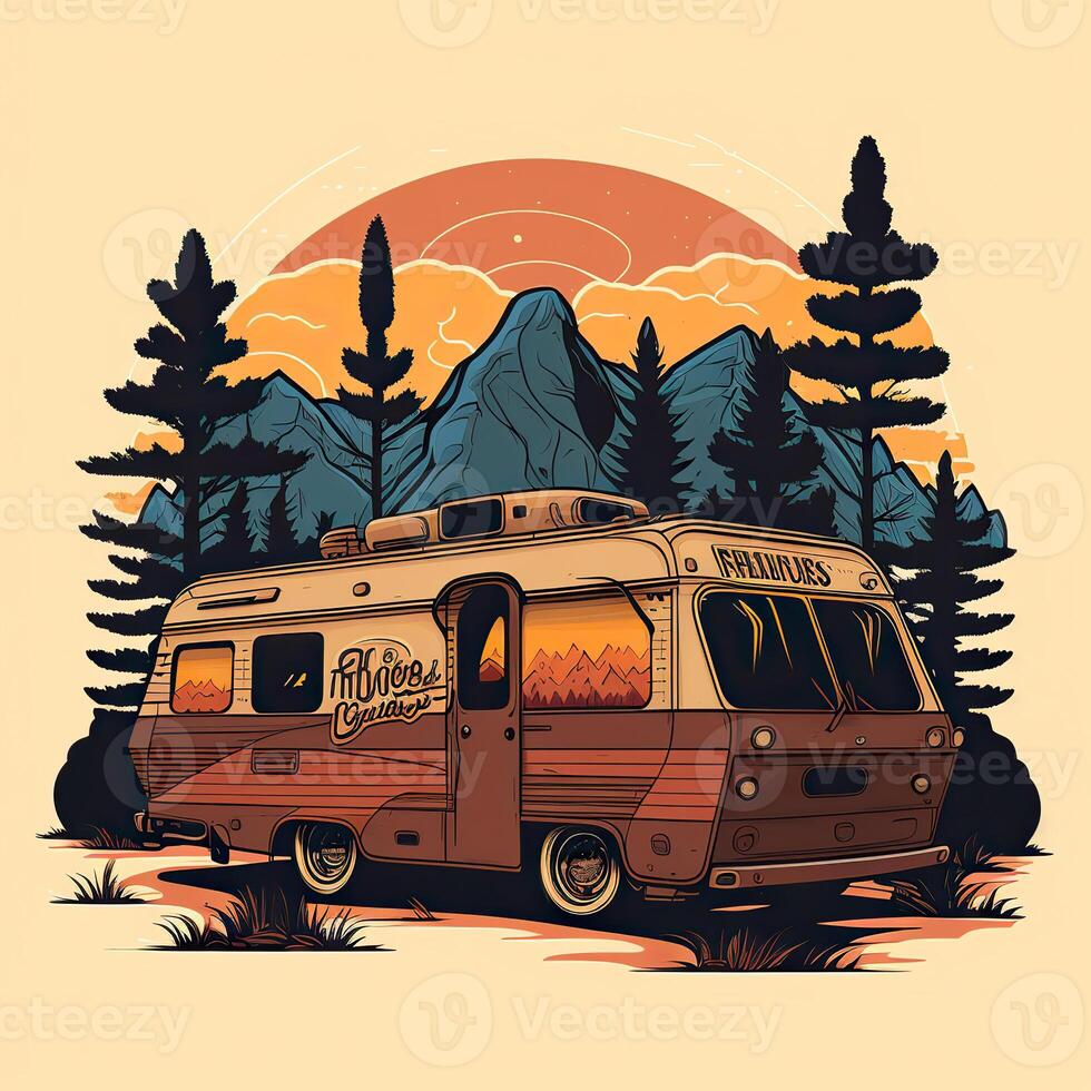 ai gerado. generativo ai. vintage retro campista rv casa caminhão. aventura viagem viagem motivacional poster. pode estar usava para decoração e inspiração. gráfico arte ilustração. foto